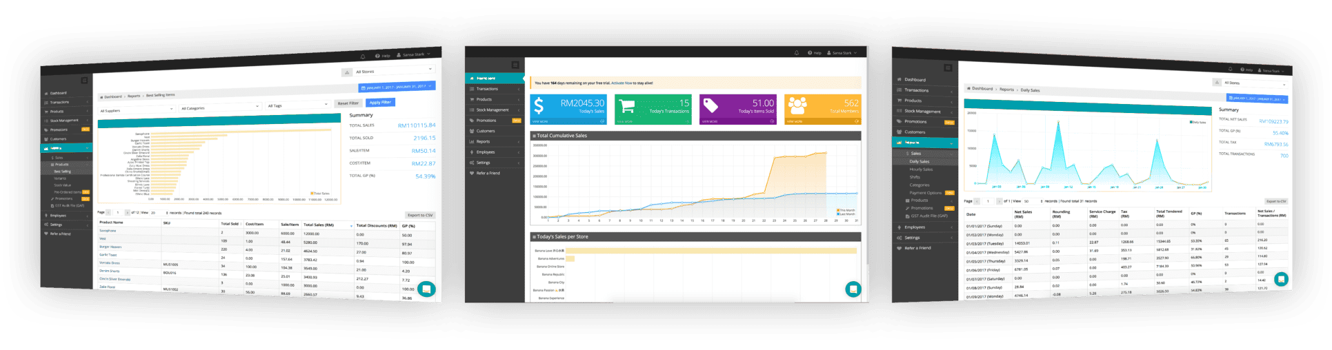 Multi-screen point of sale system displaying detailed sales reports, customer analytics and performance metrics interface