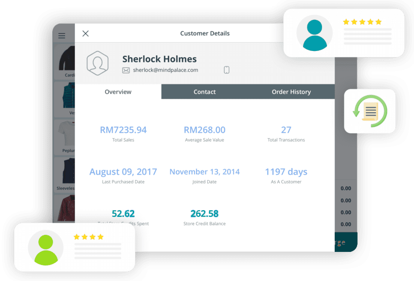 Point of sale customer management interface displaying purchase patterns, store credit balance and membership details
