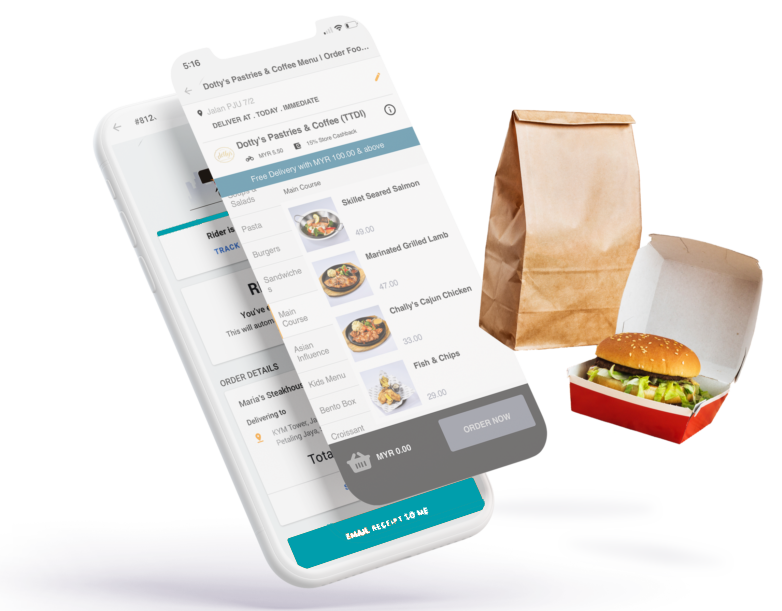 Smartphone displaying restaurant menu interface with delivery options and food packaging containers for takeout service