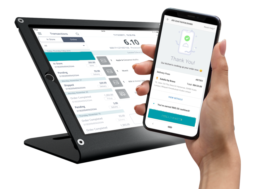 POS system integration showing tablet interface with smartphone confirmation displaying RM5.00 cashback reward notification