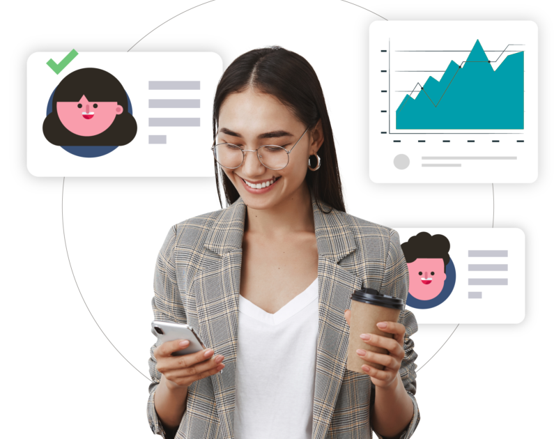 Business owner managing customer relationships through mobile technology with data visualization and performance tracking systems