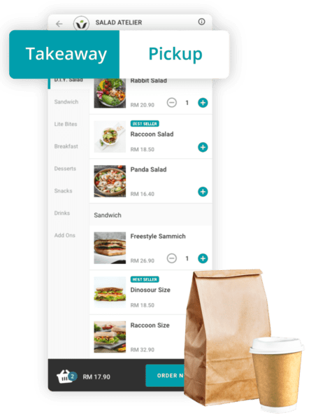 Restaurant ordering interface displaying healthy food choices with pickup and delivery options featuring paper bag packaging