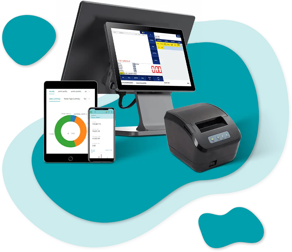 Integrated F&B POS system with touchscreen terminal, tablet analytics dashboard, mobile app reporting, and receipt printer on teal background